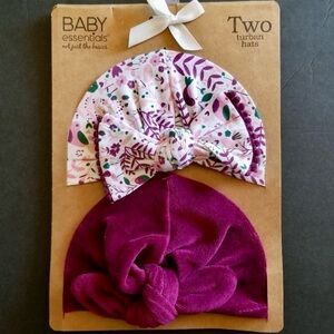 Baby Essentials Two Turban Hats Floral & Plum Bow Set NWT